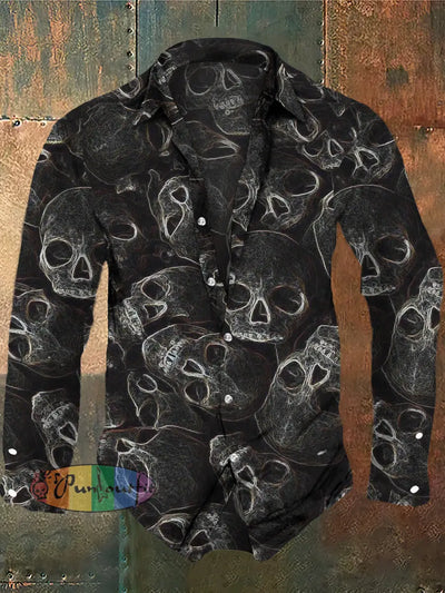 Men’s 3D Skull Print Casual Long Sleeve Shirt Black / S