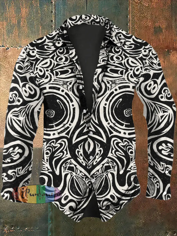 Men’s Abstract Black White Line Art Printing Long Sleeve Shirt And / S