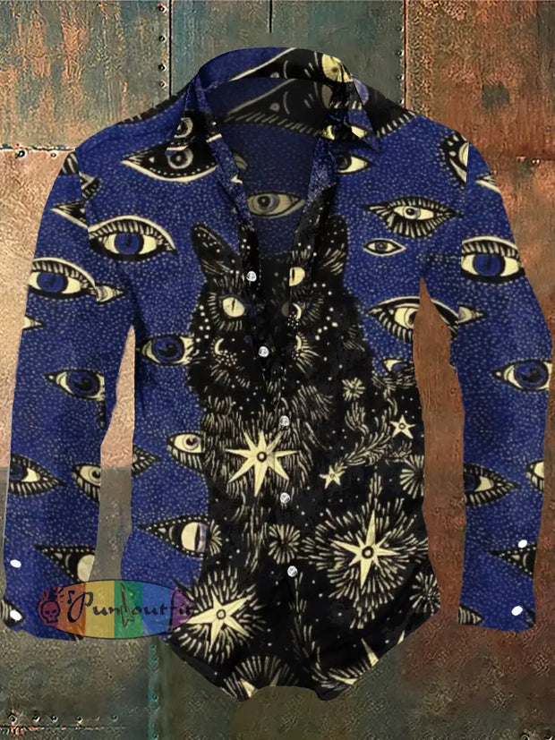 Men’s Abstract Cat Print Halloween Casual Shirt Long Sleeve Blue / S