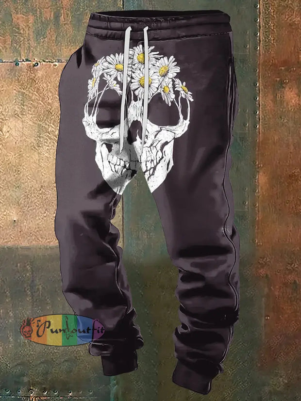 Men’s Abstract Daisy Skull Punk Print Sweatpants Black / S