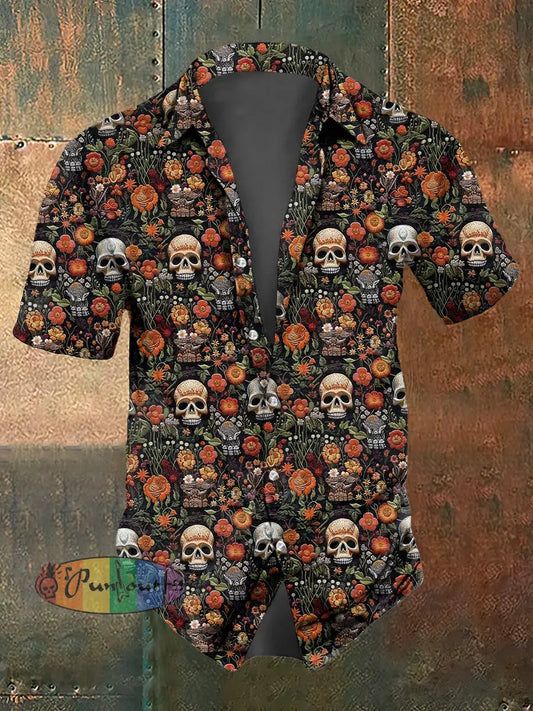 Men’s Abstract Flower Skull Print Casual Short Sleeved Shirt Brown / S