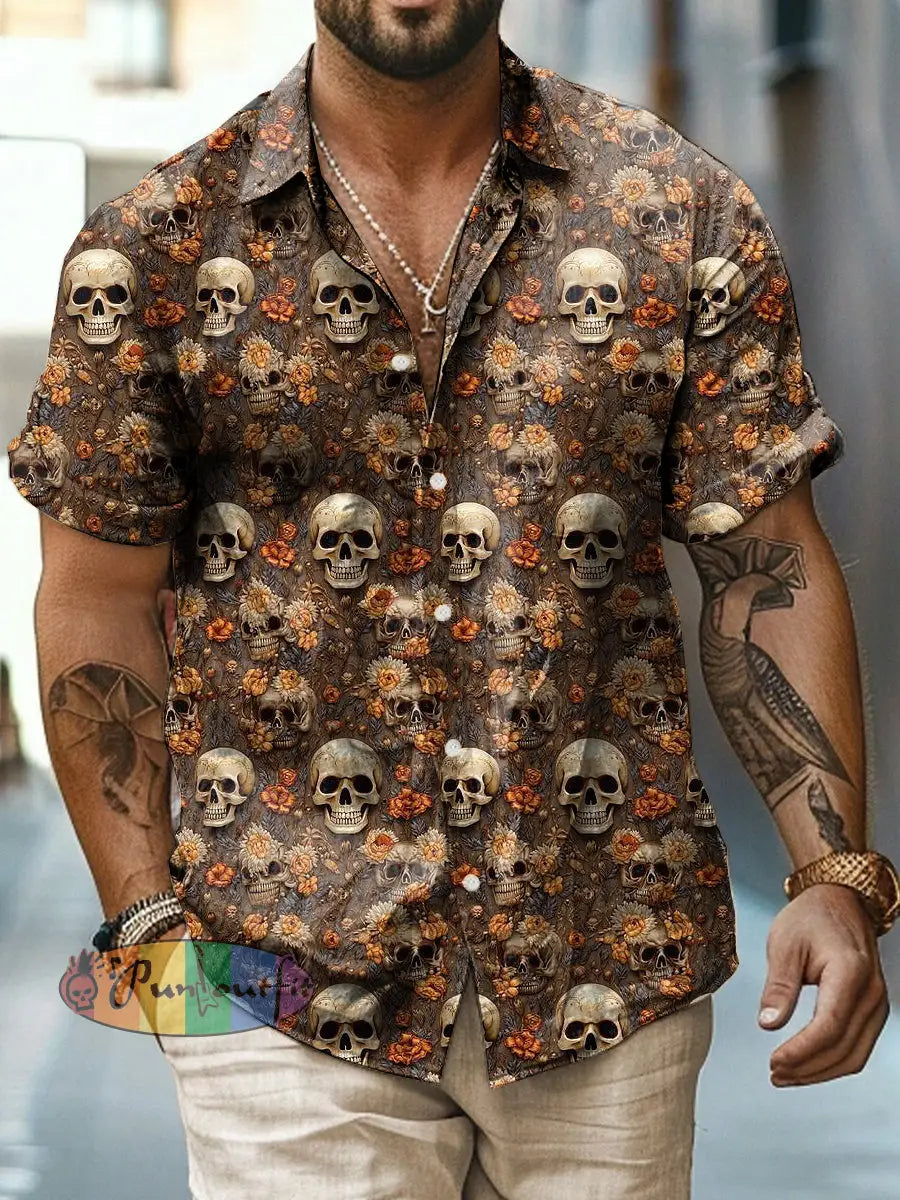 Men’s Abstract Flower Skull Print Casual Short Sleeved Shirt Brown / S