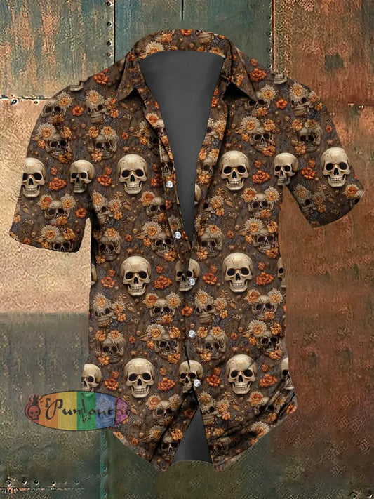 Men’s Abstract Flower Skull Print Casual Short Sleeved Shirt Brown / S