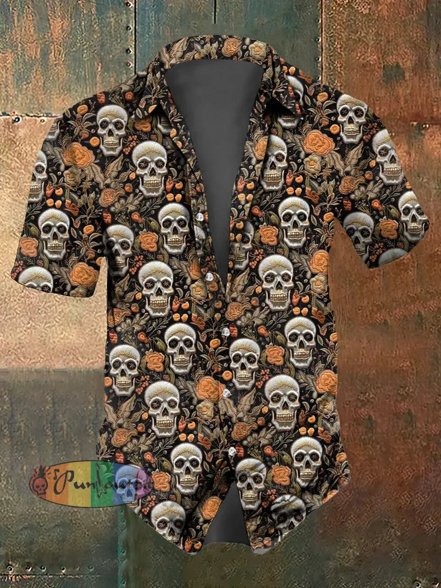 Men’s Abstract Flower Skull Print Casual Short Sleeved Shirt Brown / S