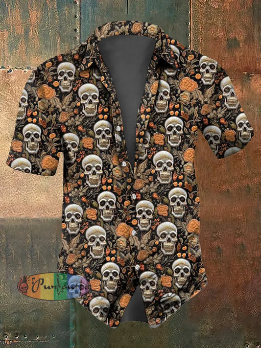 Men’s Abstract Flower Skull Print Casual Short Sleeved Shirt Brown / S