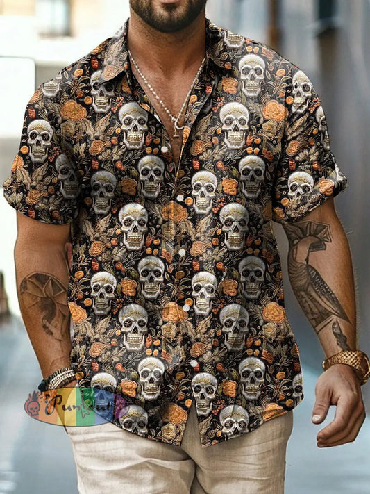 Men’s Abstract Flower Skull Print Casual Short Sleeved Shirt Dark Brown / S