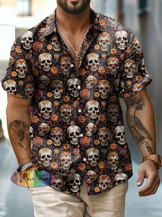 Men’s Abstract Flower Skull Print Casual Short Sleeved Shirt Dark Brown / S