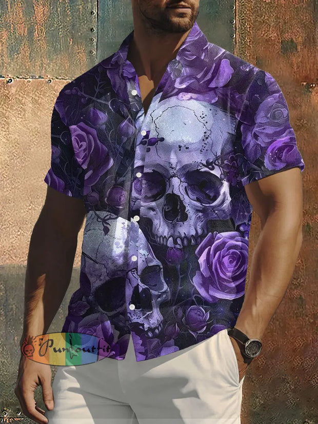 Men’s Abstract Gothic Style Skull Print Casual Shirt Purple / S