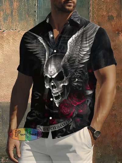 Men’s Abstract Gothic Style Skull Rose Print Casual Shirt Black / S