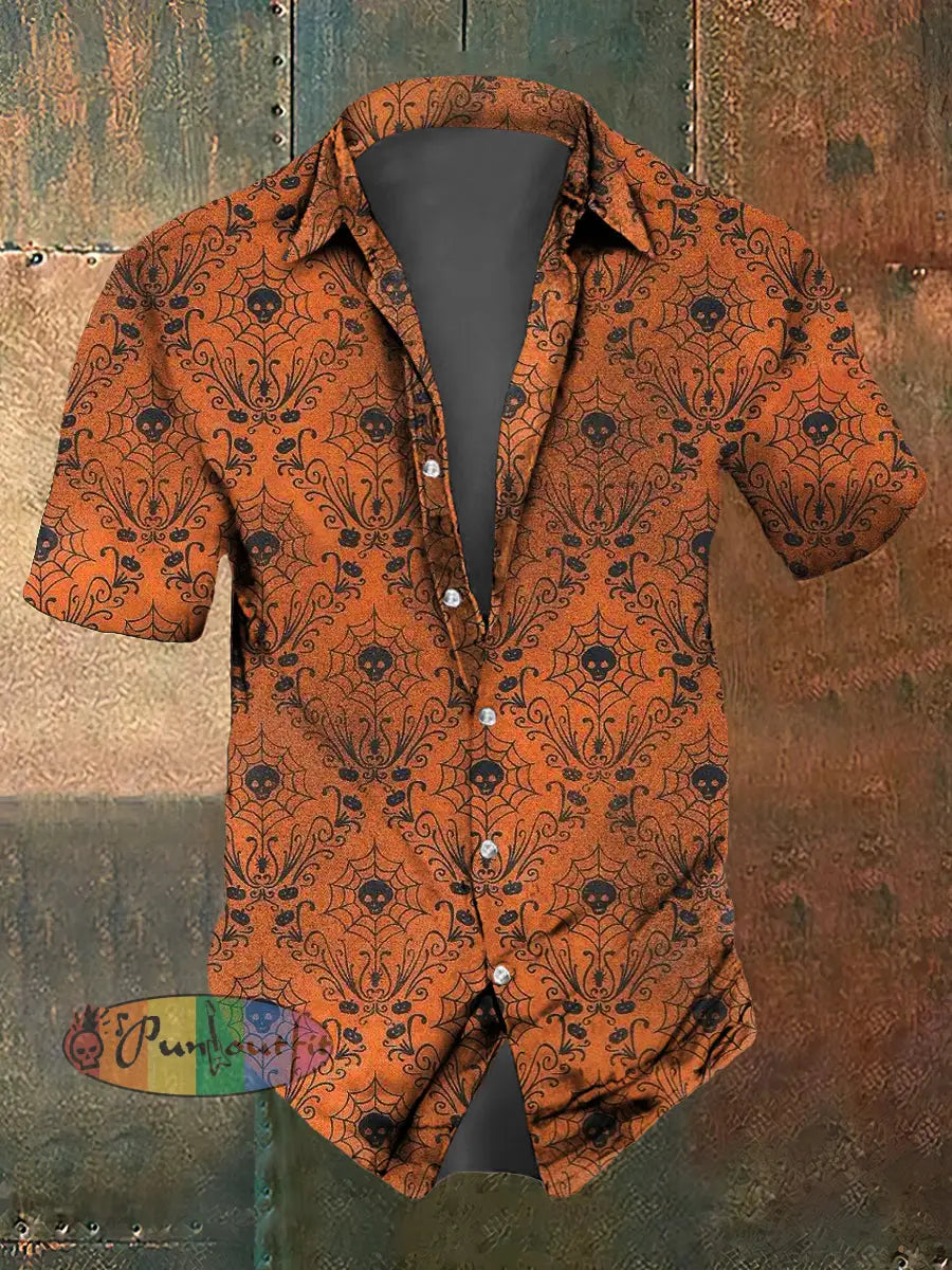 Men’s Abstract Halloween Gothic Pumpkin Print Casual Short Sleeved Shirt Orange / S