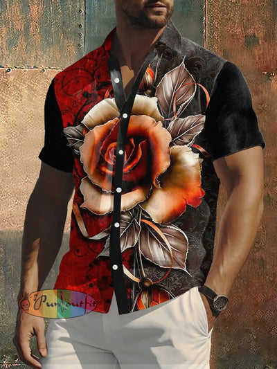 Men’s Abstract Hippie Rose Print Casual Short Sleevve Shirt Colorful / S