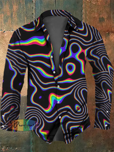 Men’s Abstract Lines Print Long Sleeve Shirt Colorful / S