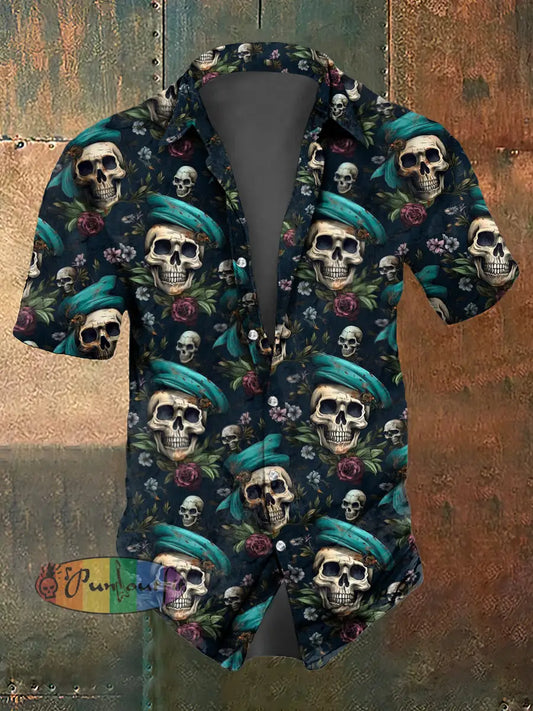 Men’s Abstract Navy Skull Print Casual Short Sleeved Shirt Dark Blue / S