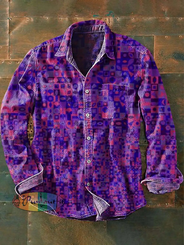 Men’s Abstract Plaid Gradient Pattern Print Casual Lapel Long Sleeve Shirt As Picture / S