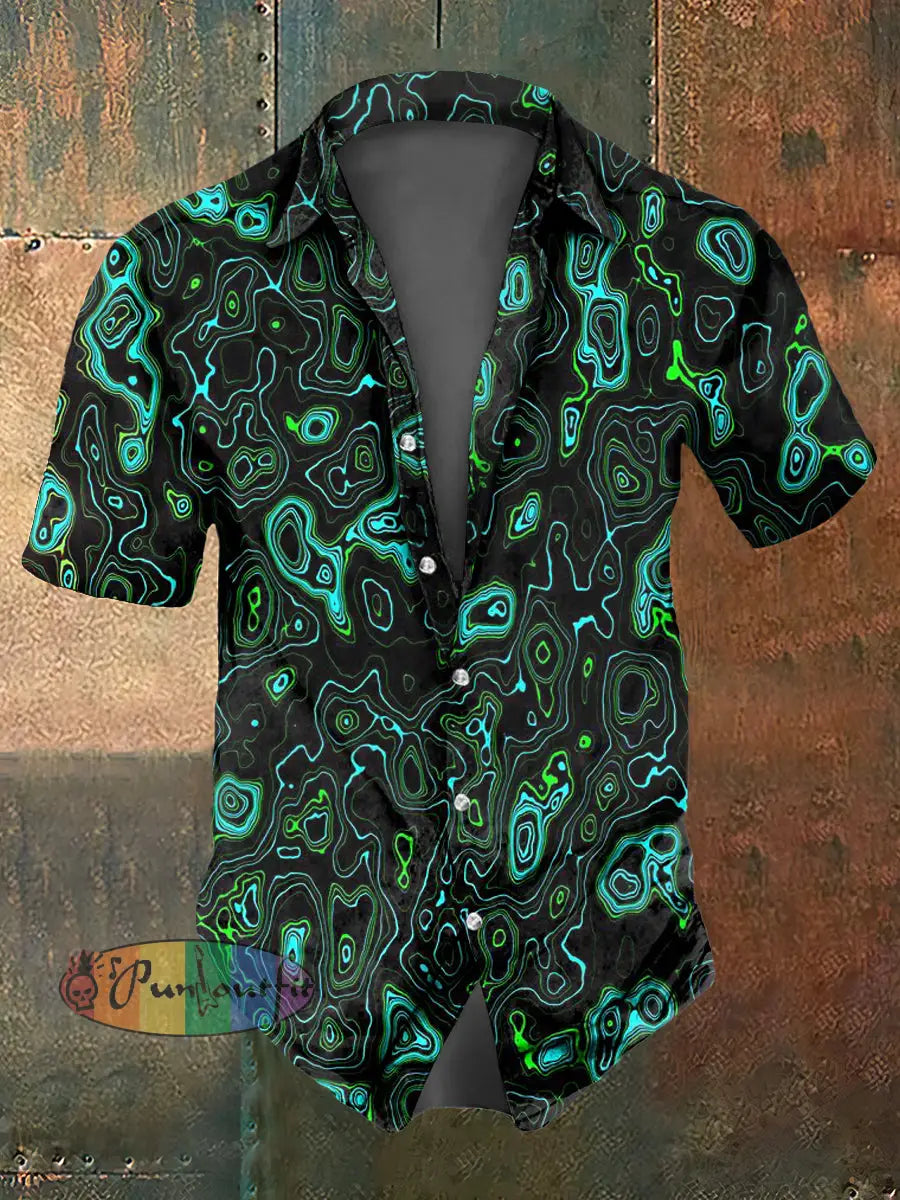 Men’s Abstract Print Casual Short Sleeved Shirt Black-Green / S