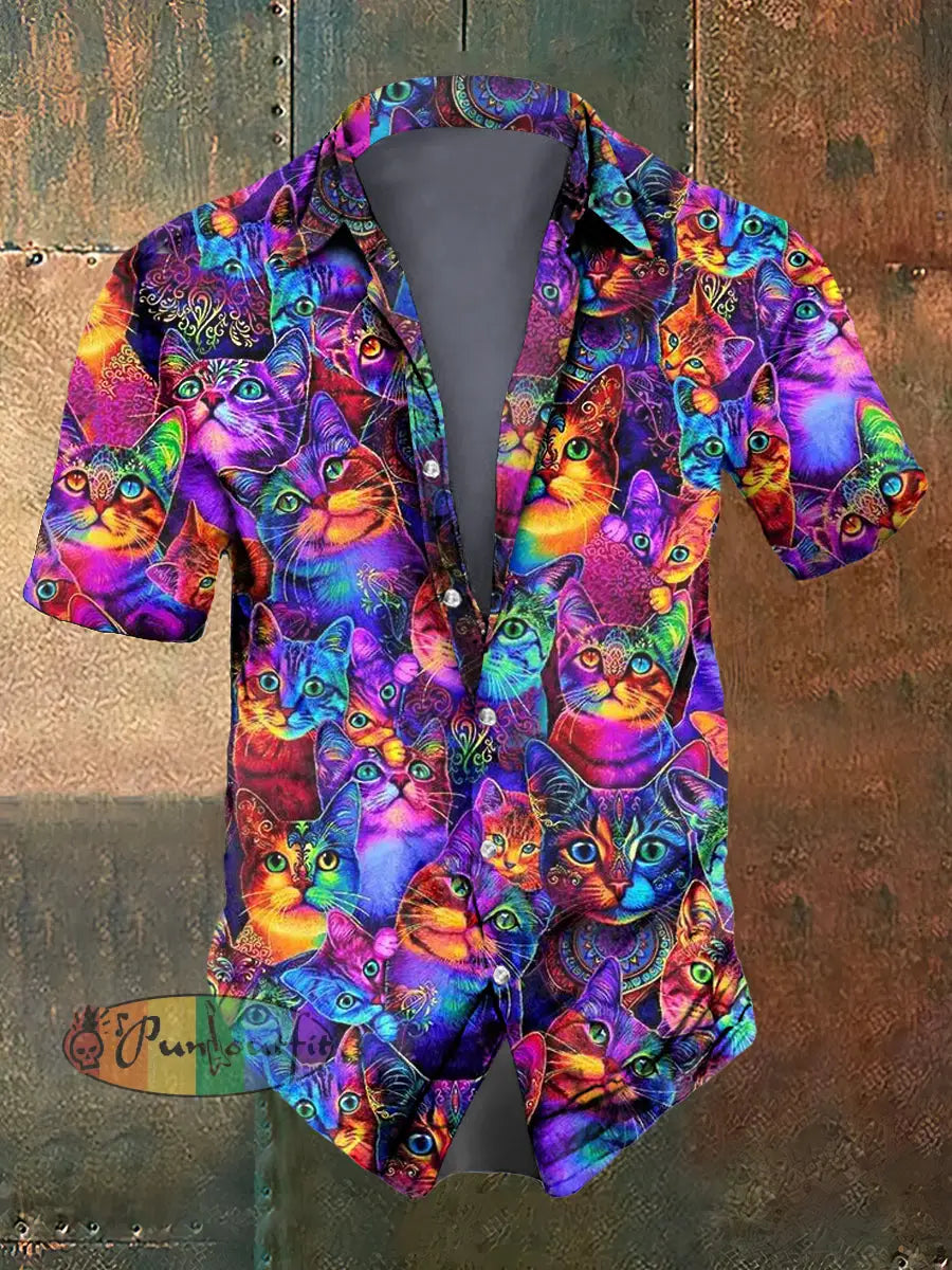 Men’s Abstract Psychedelic Animal Cat Print Casual Short Sleeved Shirt Colorful / S
