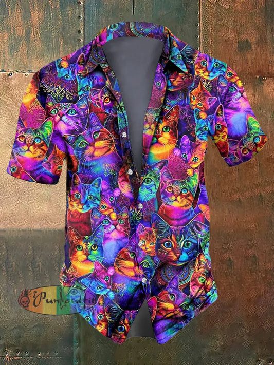 Men’s Abstract Psychedelic Animal Cat Print Casual Short Sleeved Shirt Colorful / S