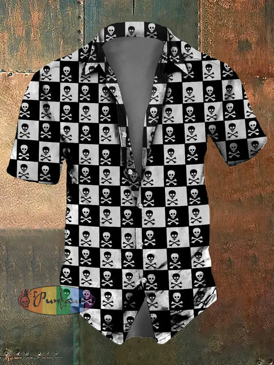 Men’s Abstract Psychedelic Pop Art Skull Print Casual Short Sleeved Shirt Black And White / S