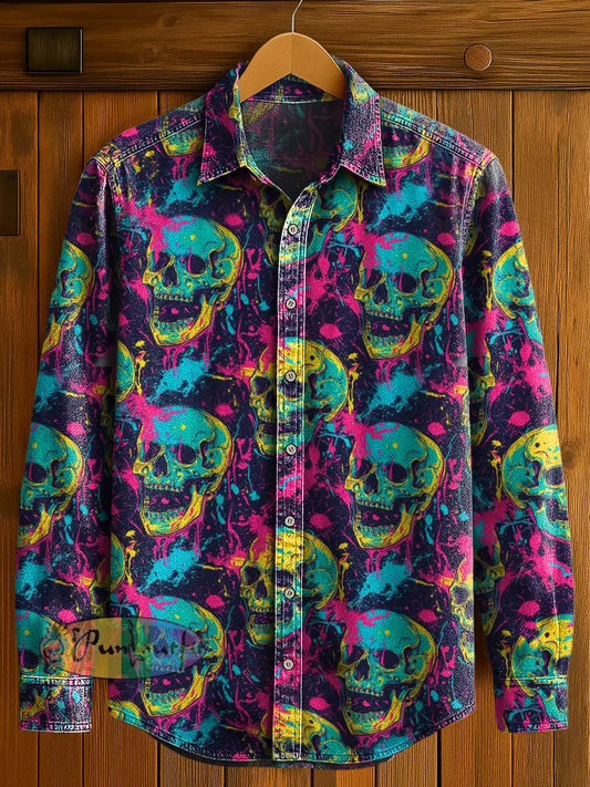 Men’s Abstract Psychedelic Skull Print Casual Long Sleeved Shirt Multicolour / S