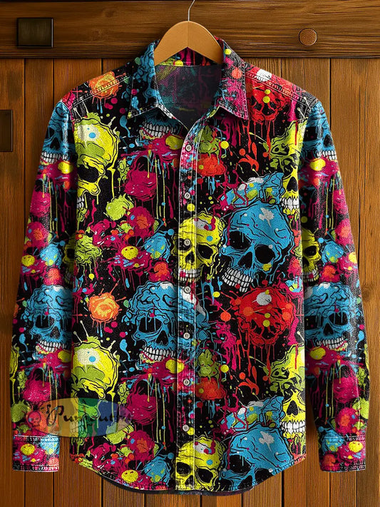 Men’s Abstract Psychedelic Skull Print Casual Long Sleeved Shirt Multicolour / S