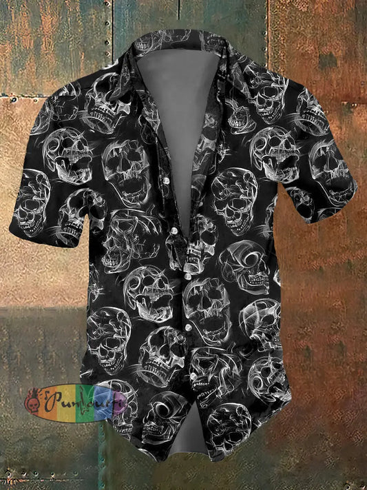 Men’s Abstract Psychedelic Skull Print Casual Short Sleeved Shirt Black / S