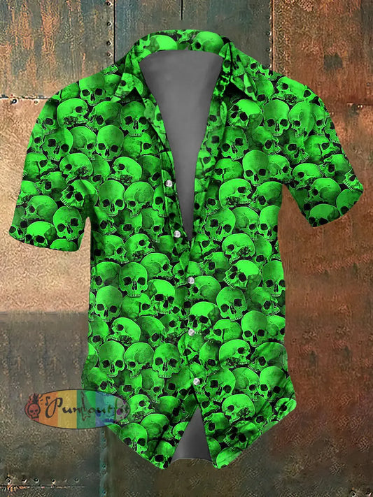 Men’s Abstract Psychedelic Skull Print Casual Short Sleeved Shirt Green / S