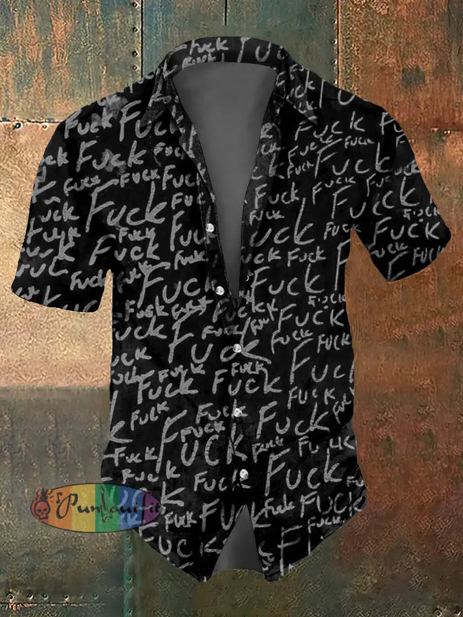 Men’s Abstract Psychedelic Text Print Casual Short Sleeved Shirt Black / S