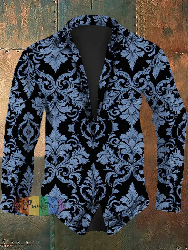 Men’s Abstract Retro Art Pattern Printed Casual Fashion Lapel Long Sleeved Shirt Blue / S