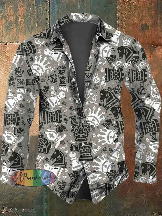 Men’s Abstract Retro Graphic Print Casual Long Sleeve Shirt As Picture / S