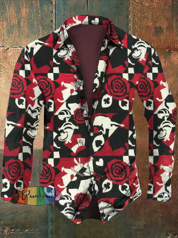 Men’s Abstract Rose And Geometry Art Printing Long Sleeve Shirt Red Black Camouflage / S