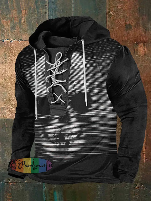 Men’s Abstract Skull Art Print Lace-Up Sweatshirt Black / S