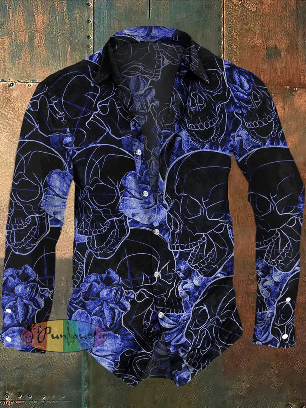 Men’s Abstract Skull Print Casual Long Sleeve Shirt Blue / S