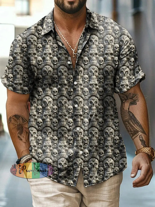 Men’s Abstract Skull Print Casual Short Sleeved Shirt Beige / S