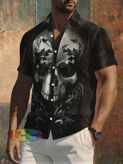 Men’s Abstract Skull Print Casual Short Sleevve Shirt Black / S