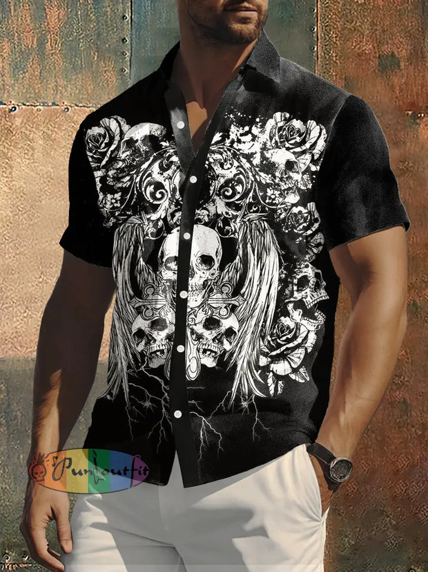 Men’s Abstract Skull Print Casual Short Sleevve Shirt Black / S