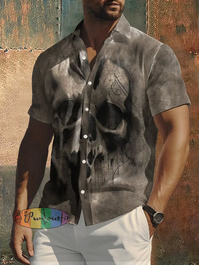 Men’s Abstract Skull Print Casual Short Sleevve Shirt Colorful / S