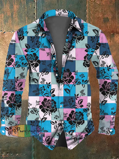 Men’s Abstract Square Rose Print Casual Long Sleeve Shirt As Picture / S