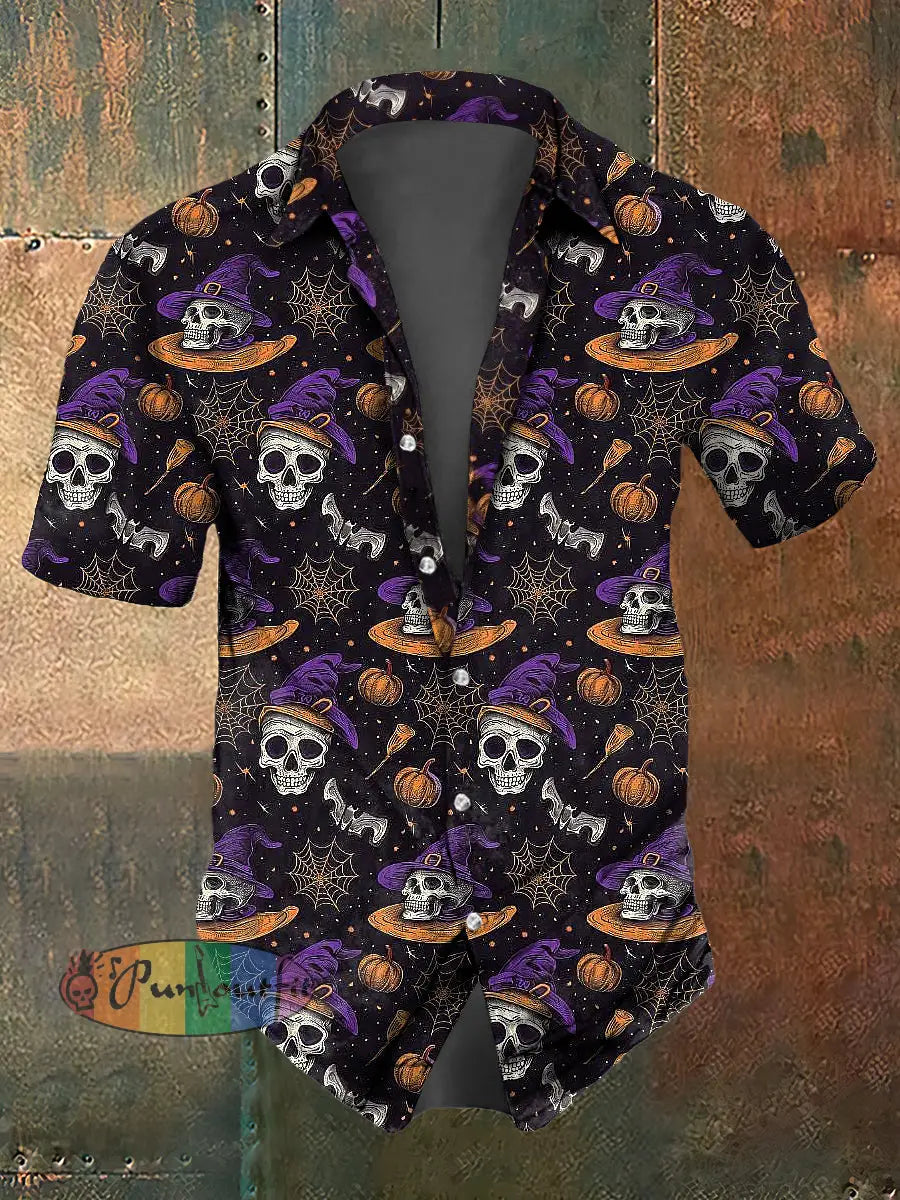 Men’s Abstract Witch Skull Print Casual Short Sleeved Shirt Black / S