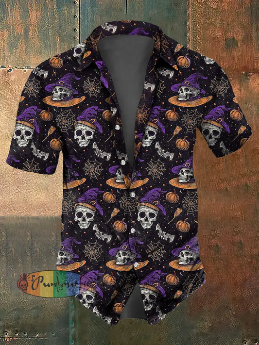 Men’s Abstract Witch Skull Print Casual Short Sleeved Shirt Black / S