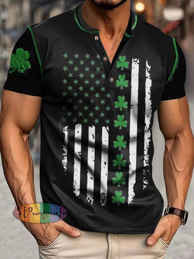 Men’s American Three-leaf Clover Print Henley Neck Short Sleeve T-Shirt Black / S