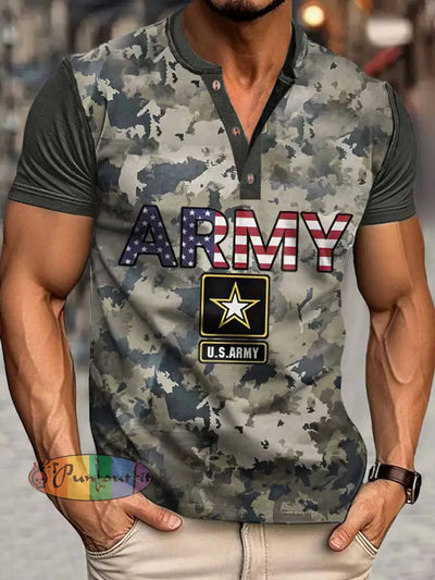 Men’s Army Camouflage Print Henley Neck Short Sleeve T-Shirt Colorful / S