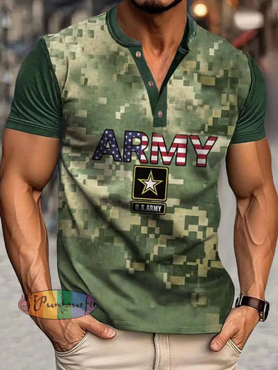 Men’s Army Digital Camouflage Print Henley Neck Short Sleeve T-Shirt Colorful / S