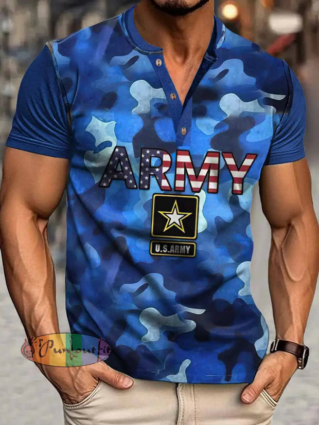 Men’s Army Navy Camouflage Print Henley Neck Short Sleeve T-Shirt Colorful / S