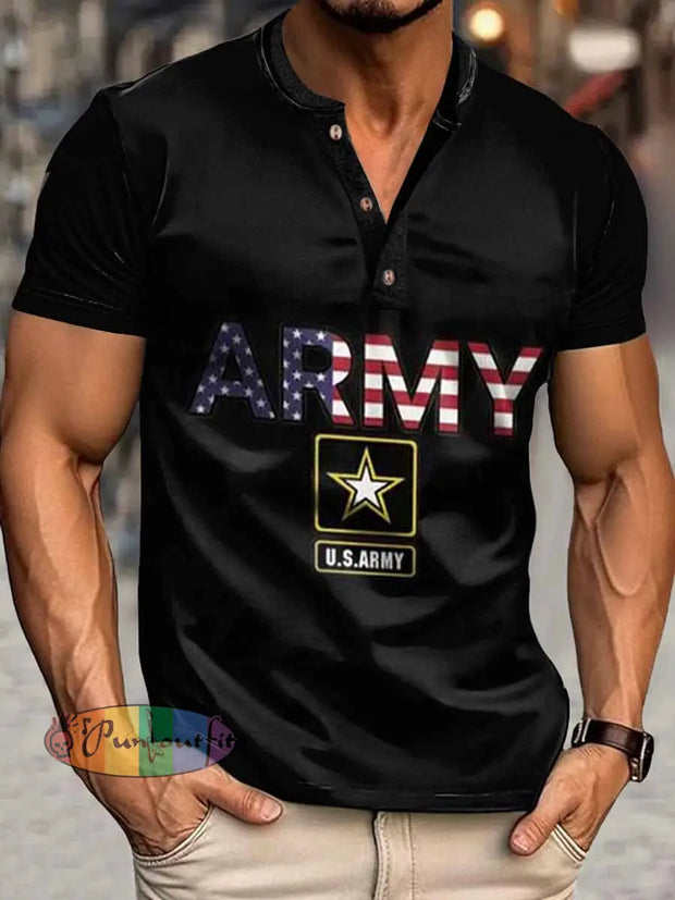 Men’s Army Print Henley Neck Short Sleeve T-Shirt Black / S