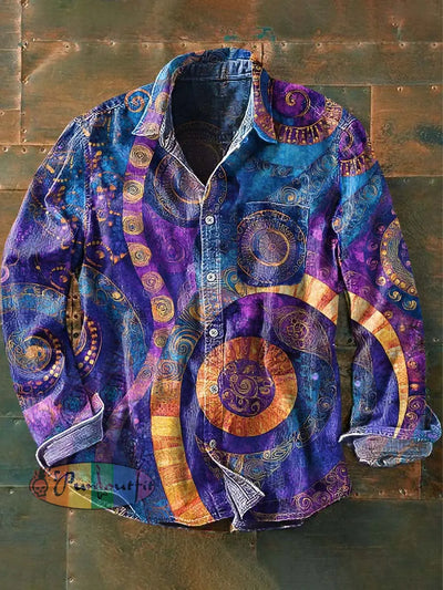 Men’s Art Abstract Print Casual Lapel Long Sleeve Shirt As Picture / S