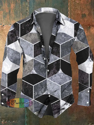 Men’s Artistic Gradient Irregular Plaid Printed Casual Long Sleeve Shirt As Picture / S