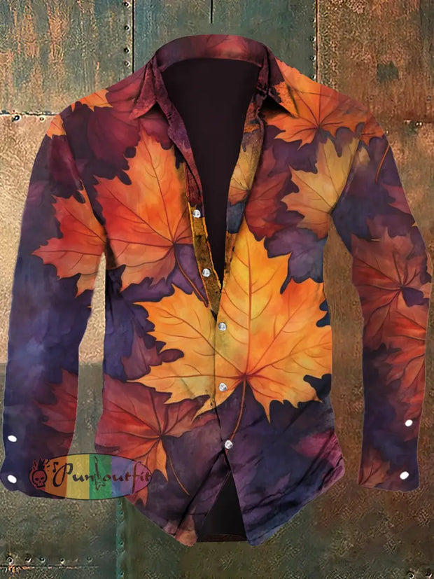 Men’s Autumn Maple Leaf Casual Long Sleeve Shirt As Picture / S