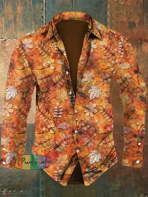 Men’s Autumn Maple Leaf Casual Long Sleeve Shirt As Picture / S