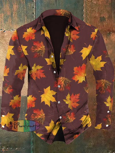 Men’s Autumn Maple Leaf Casual Long Sleeve Shirt As Picture / S