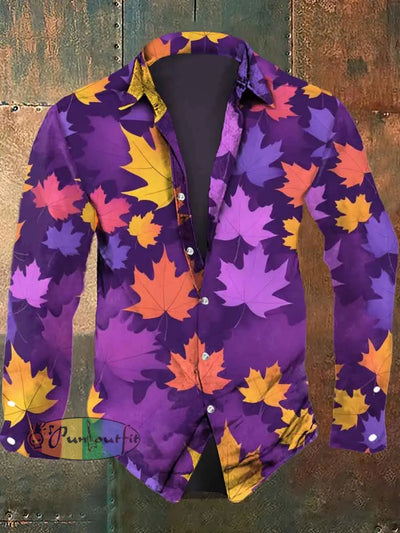 Men’s Autumn Maple Leaf Print Casual Long Sleeve Shirt As Picture / S